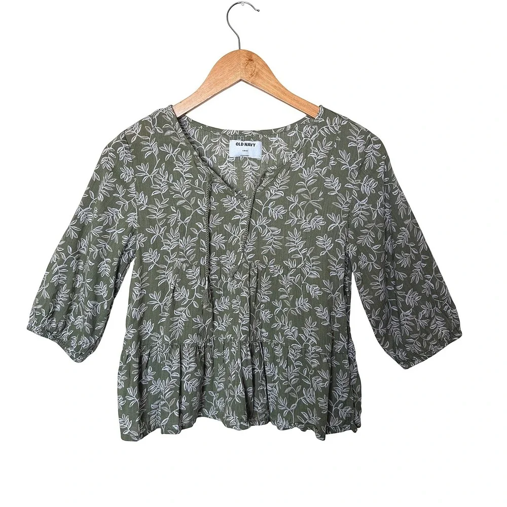 Old Navy Girls Boho Olive‎ Green Floral Leaf Tiered Blouse Tie Neck Top 10-12